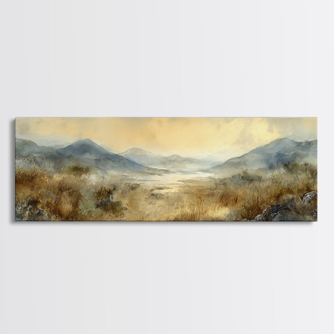 Misty Mountain Valley at Sunrise Framed Canvas Print, Landscape Art, Boho Decor, Living Room Decor, Fine Art, Horizon, LAN-3x1-89