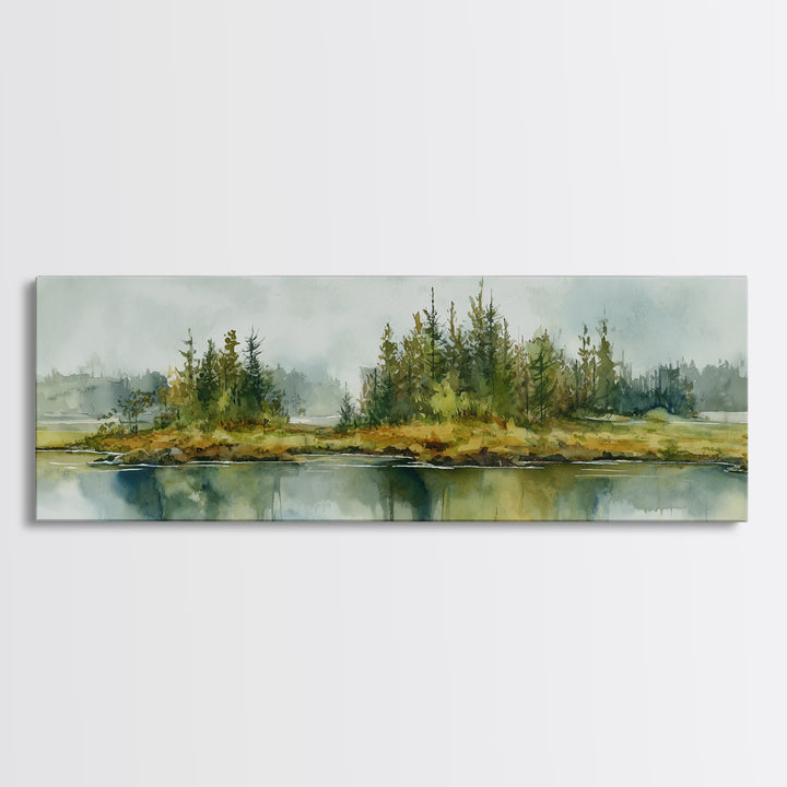 Quiet Lake Reflecting Pine Forest Canvas Print, Landscape Art, Digital Art, Living Room Decor, Fine Art, Horizon, Boho Wall Art, LAN-3x1-92
