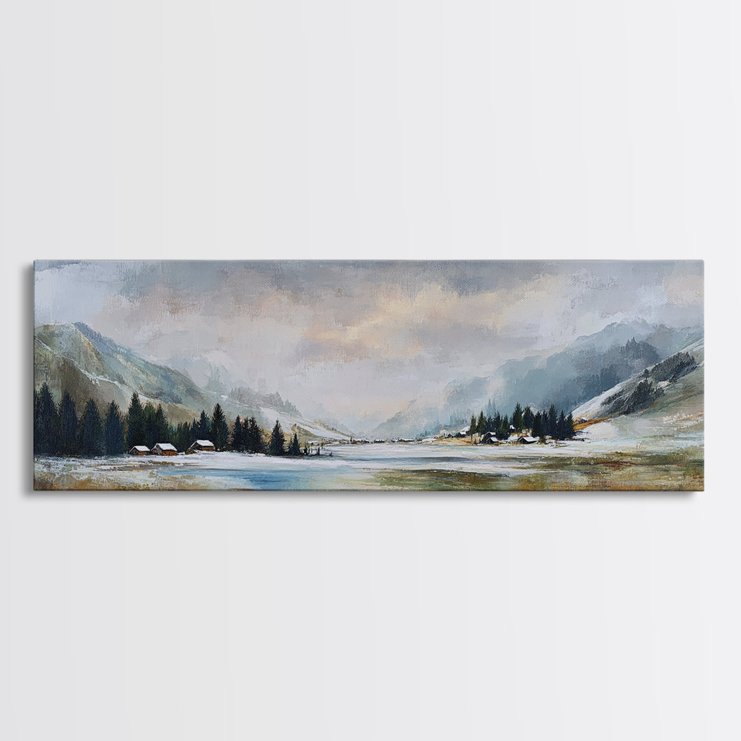 Snow Covered Alpine Village at Dusk Canvas Print, Landscape Art, Digital Art, Living Room Decor, Horizon, Boho Wall Art, LAN-3x1-95