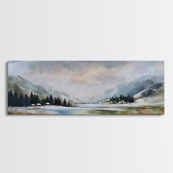 Snow Covered Alpine Village at Dusk Canvas Print, Landscape Art, Digital Art, Living Room Decor, Horizon, Boho Wall Art, LAN-3x1-95