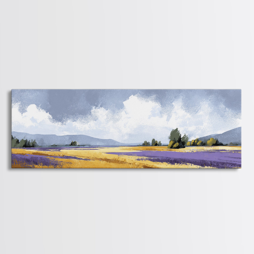 Lavender Field Leading to Distant Hills Canvas Print, Landscape Art, Living Room Wall Art, Living Room Decor, Oil Painting, LAN-3x1-98