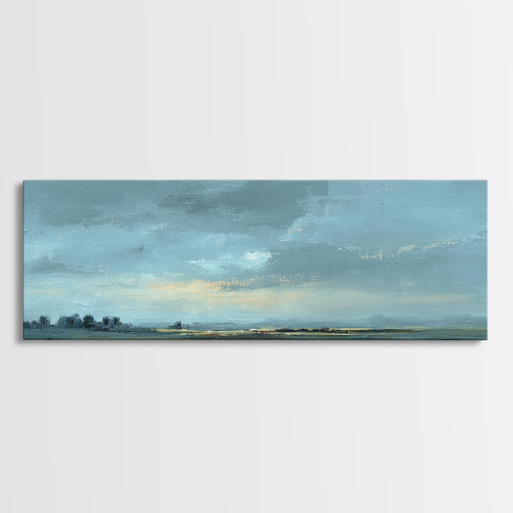 Desert Dunes under Pale Moon Framed Canvas Print, Landscape Art, Printable Wall Art, Living Room Decor, Oil Painting, Horizon, LAN-3x1-99