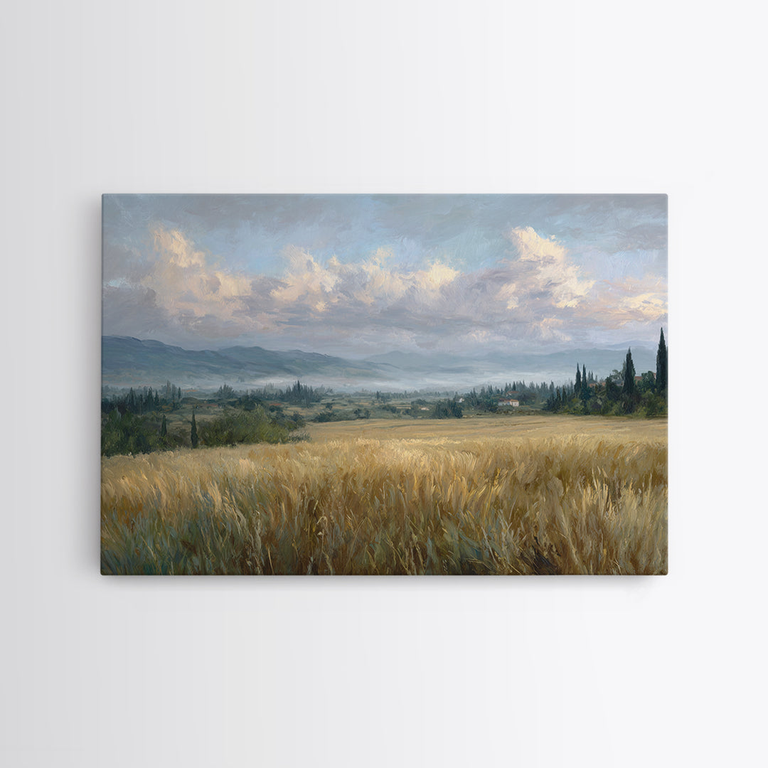 Golden Wheat Field Beneath Huge Clouds Framed Canvas Print, Landscape Art, Wall Art, Living Room Decor, Fine Art, Horizon, LAN-3x2-100