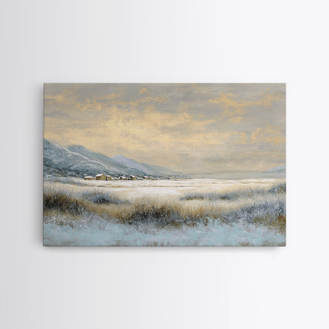 Snow Covered Alpine Village at Dusk Canvas Print, Landscape Art, Modern Decor, Living Room Decor, Fine Art, Horizon, Wall Decor, LAN-3x2-11