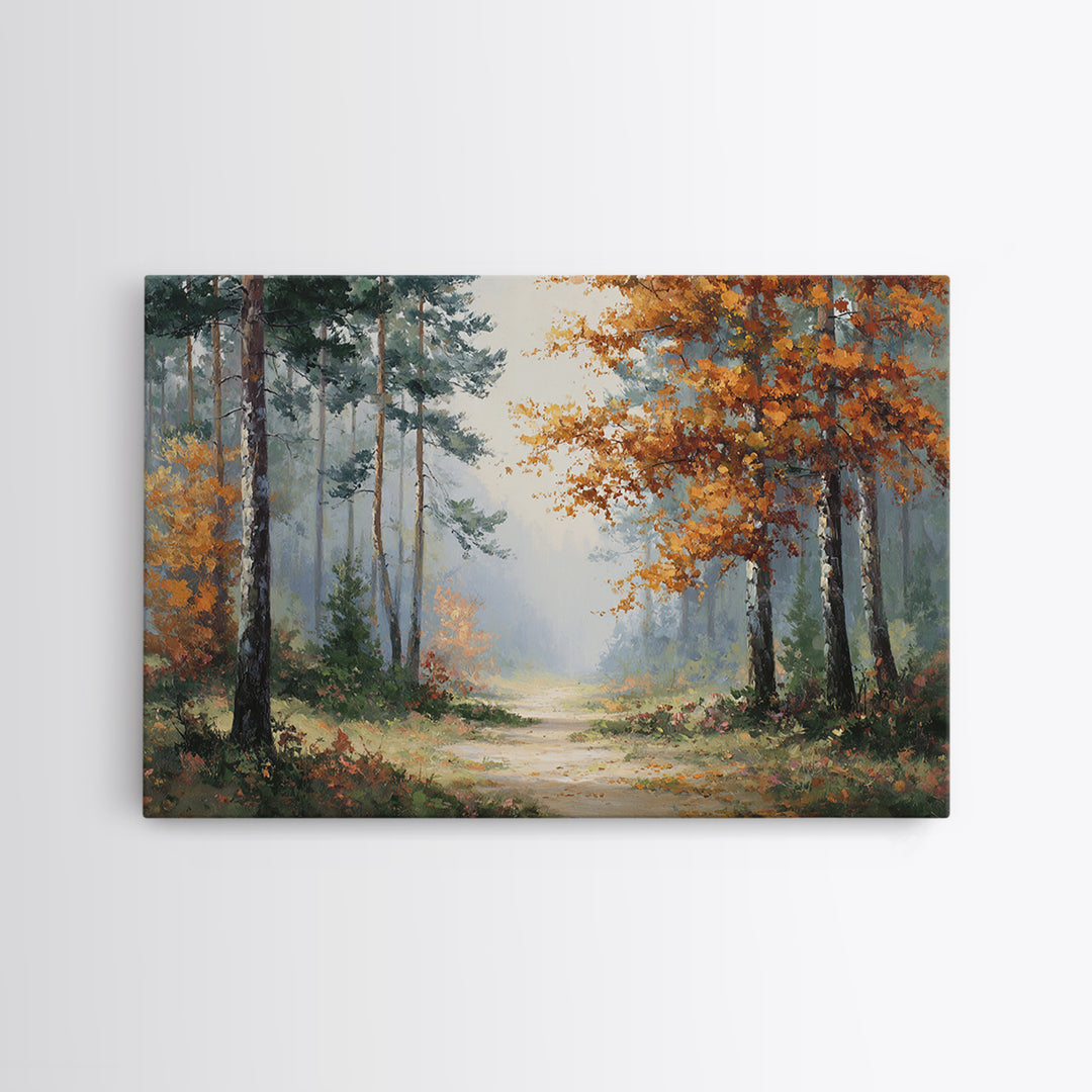 Autumn Forest Path Framed Canvas Print, Landscape Art, Wall Art Print, Living Room Decor, Fine Art, Horizon, Boho Decor, LAN-3x2-13
