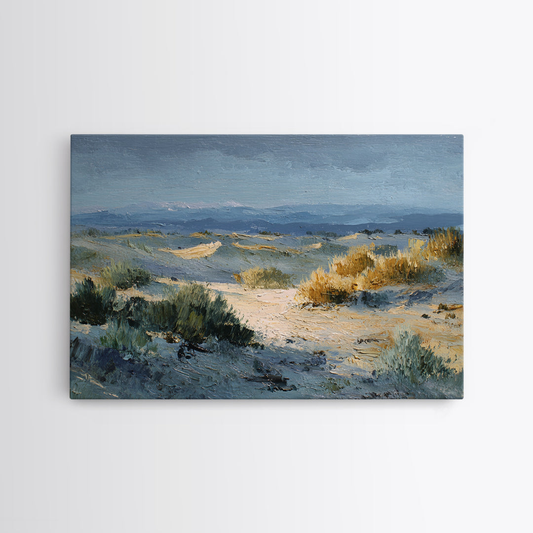Desert Dunes under Pale Moon Framed Canvas Print, Landscape Art, Boho Wall Art, Living Room Decor, Fine Art, Horizon, LAN-3x2-15