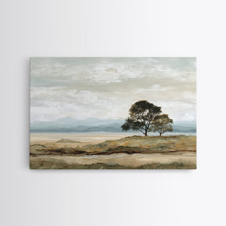 Wide Savanna with Acacia Silhouette Framed Canvas Print, Landscape Art, Living Room Wall Art, Living Room Decor, Oil Painting, LAN-3x2-23