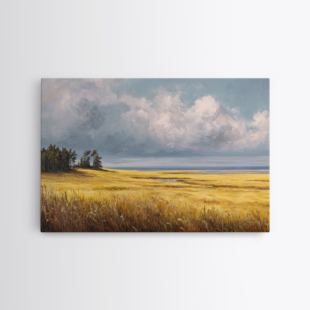 Golden Wheat Field Beneath Huge Clouds Canvas Print, Landscape Art, Horizontal Wall Art, Living Room Decor, Horizon, LAN-3x2-28