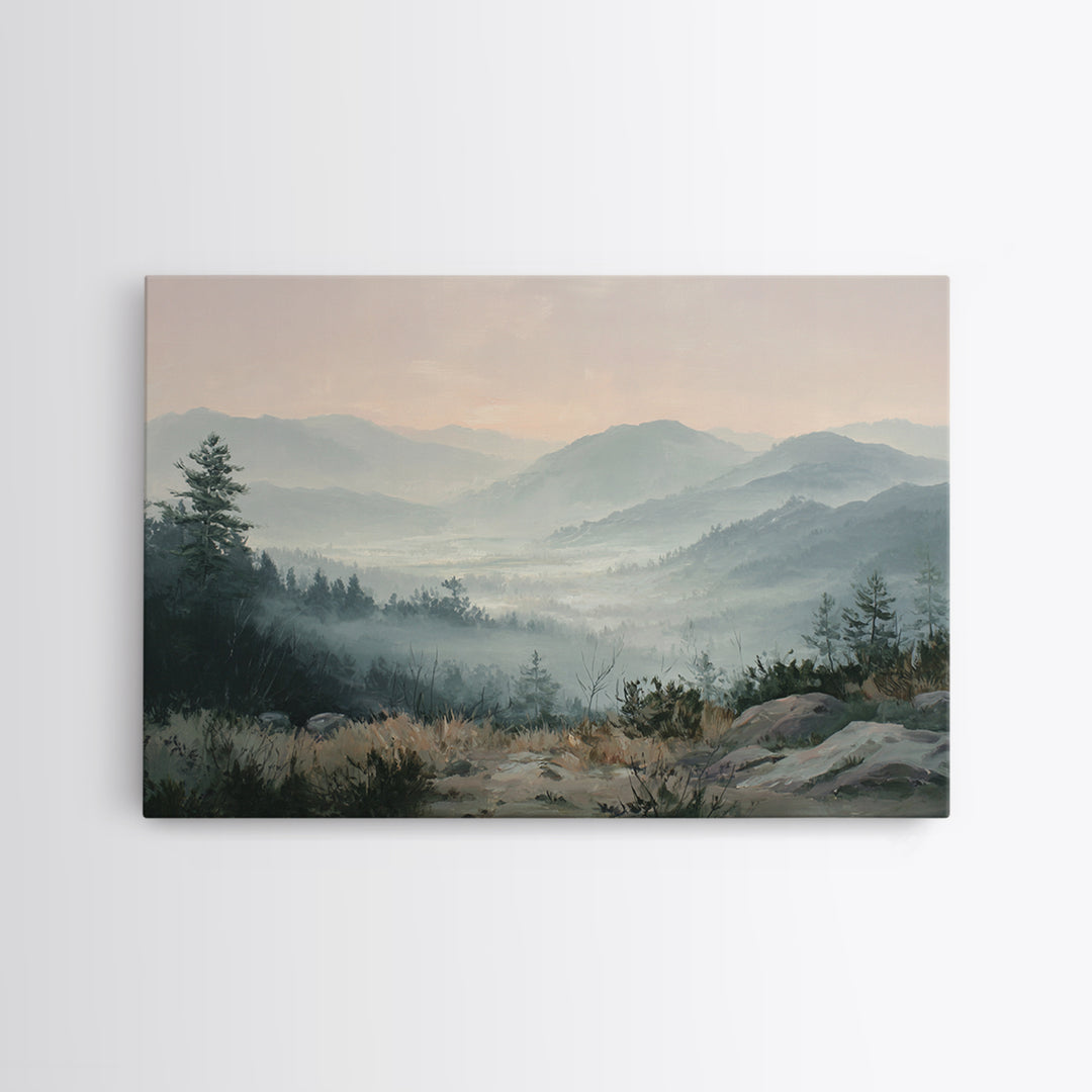 Misty Mountain Valley at Sunrise Canvas Print, Landscape Art, Modern Decor, Living Room Decor, Fine Art, Horizon, Wall Decor, LAN-3x2-29