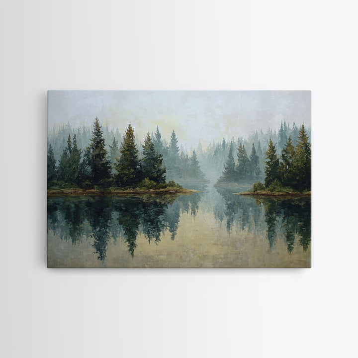 Quiet Lake Reflecting Pine Forest Canvas Print, Landscape Art, Living Room Wall Art, Living Room Decor, Oil Painting, Horizon, LAN-3x2-32