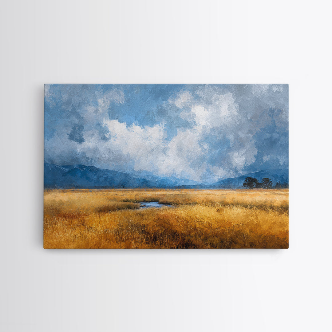 Golden Wheat Field Beneath Huge Clouds Canvas Print, Landscape Art, Digital Print, Living Room Decor, Fine Art, Horizon, LAN-3x2-4