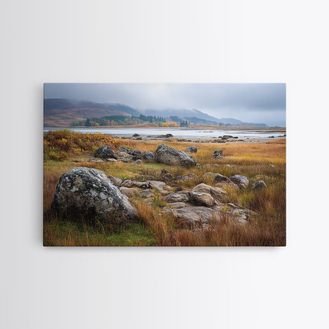 Rocky Scottish Highland Framed Canvas Print, Landscape Art, Gallery Decor, Living Room Decor, Fine Art, Horizon, Wall Art, LAN-3x2-45