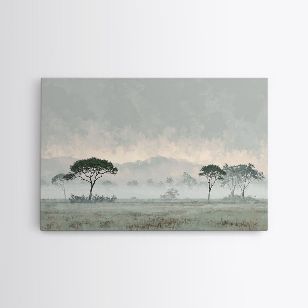 Wide Savanna with Acacia Silhouette Framed Canvas Print, Landscape Art, Digital Art, Living Room Decor, Fine Art, Horizon, LAN-3x2-47
