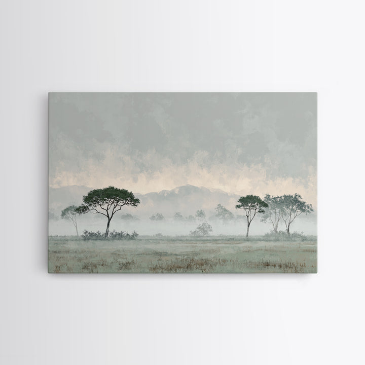 Wide Savanna with Acacia Silhouette Framed Canvas Print, Landscape Art, Digital Art, Living Room Decor, Fine Art, Horizon, LAN-3x2-47
