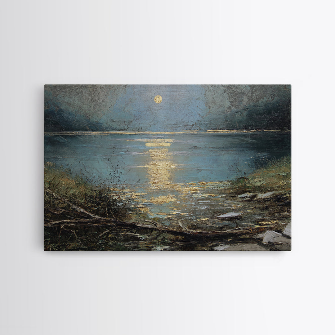 Moonlit River with Silver Reflections Canvas Print, Landscape Art, Neutral Decor, Living Room Decor, Oil Painting, Horizon, LAN-3x2-49