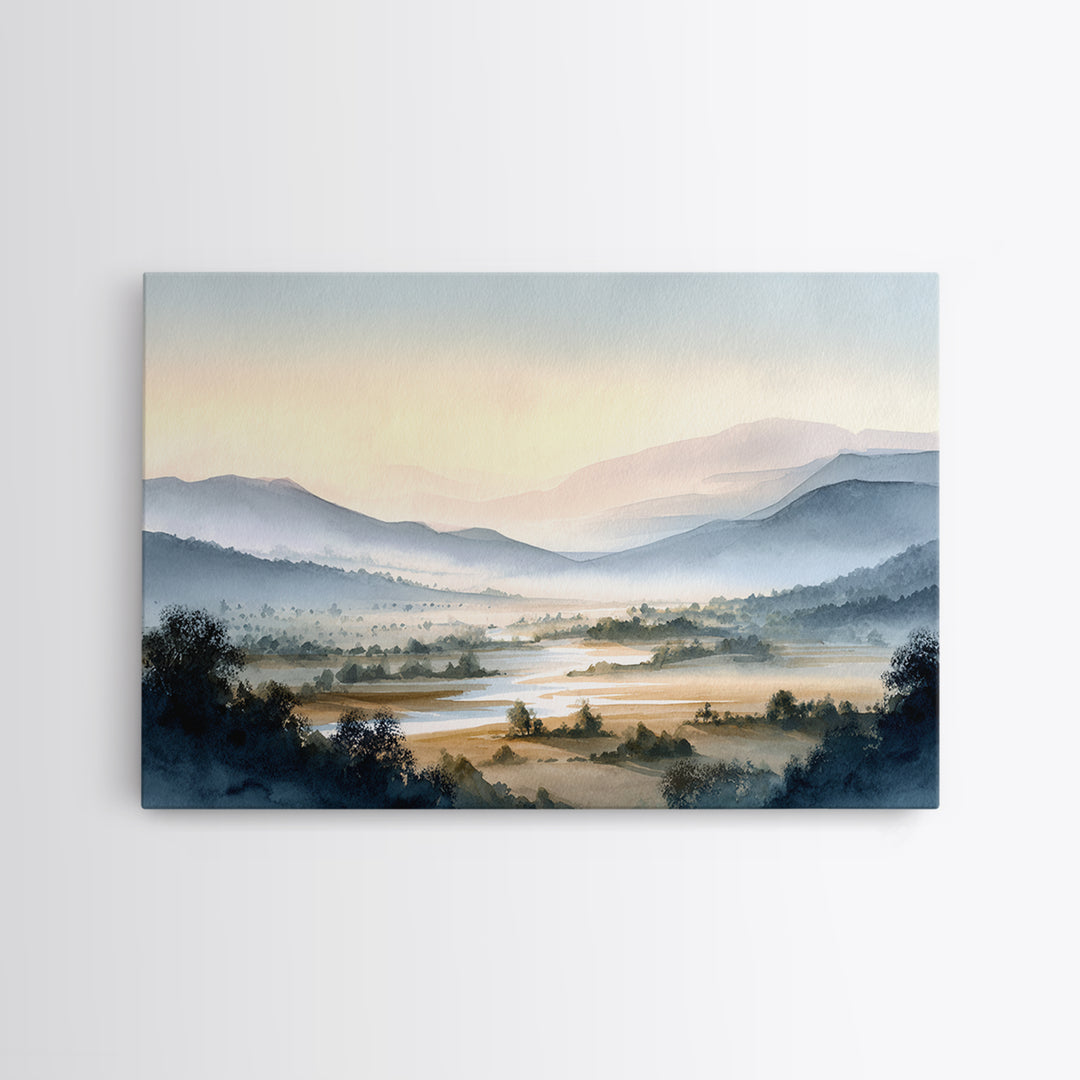 Misty Mountain Valley at Sunrise Framed Canvas Print, Landscape Art, Living Room Wall Art, Living Room Decor, Oil Painting, LAN-3x2-5