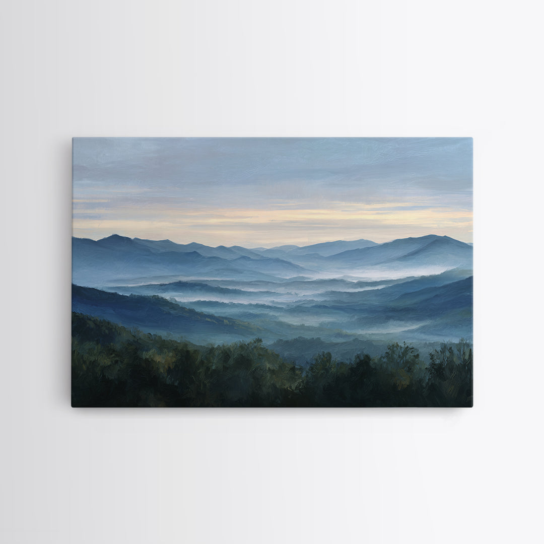 Misty Mountain Valley at Sunrise Canvas Print, Landscape Art, Modern Decor, Living Room Decor, Fine Art, Horizon, Wall Decor, LAN-3x2-53