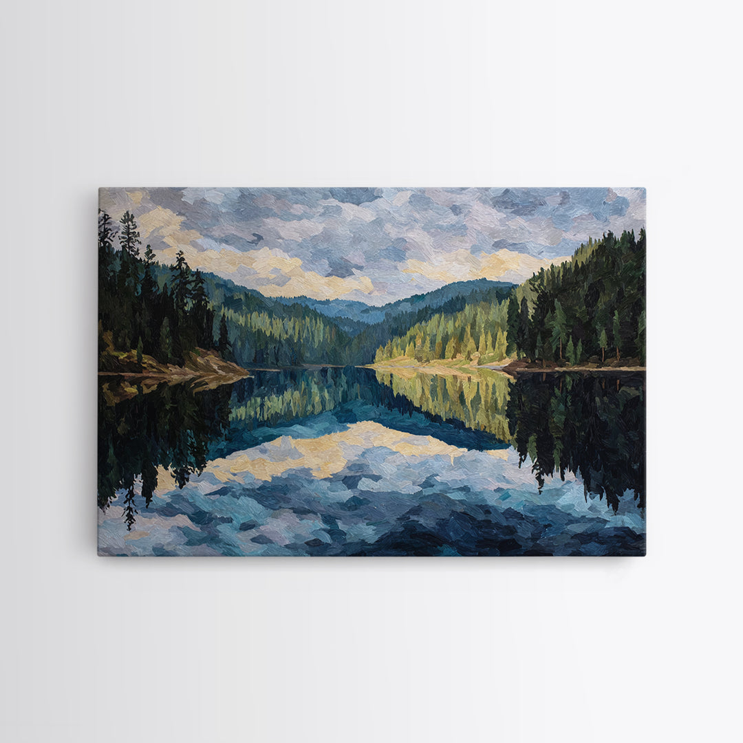 Quiet Lake Reflecting Pine Forest Canvas Print, Landscape Art, Room Decor, Living Room Decor, Fine Art, Horizon, LAN-3x2-56
