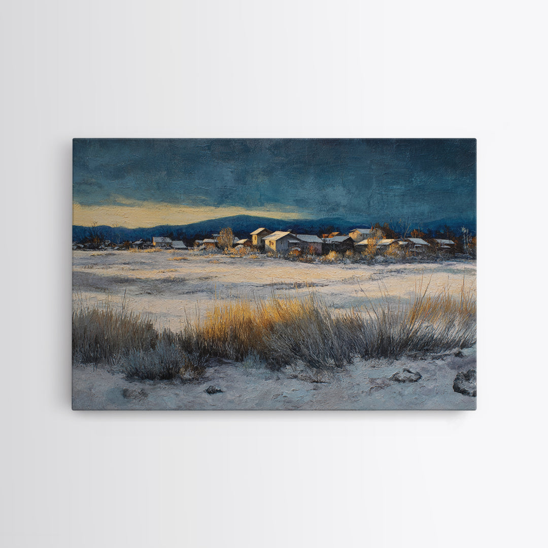Snow Covered Alpine Village at Dusk Framed Canvas Print, Landscape Art, Digital Art, Living Room Decor, Fine Art, Horizon, LAN-3x2-59