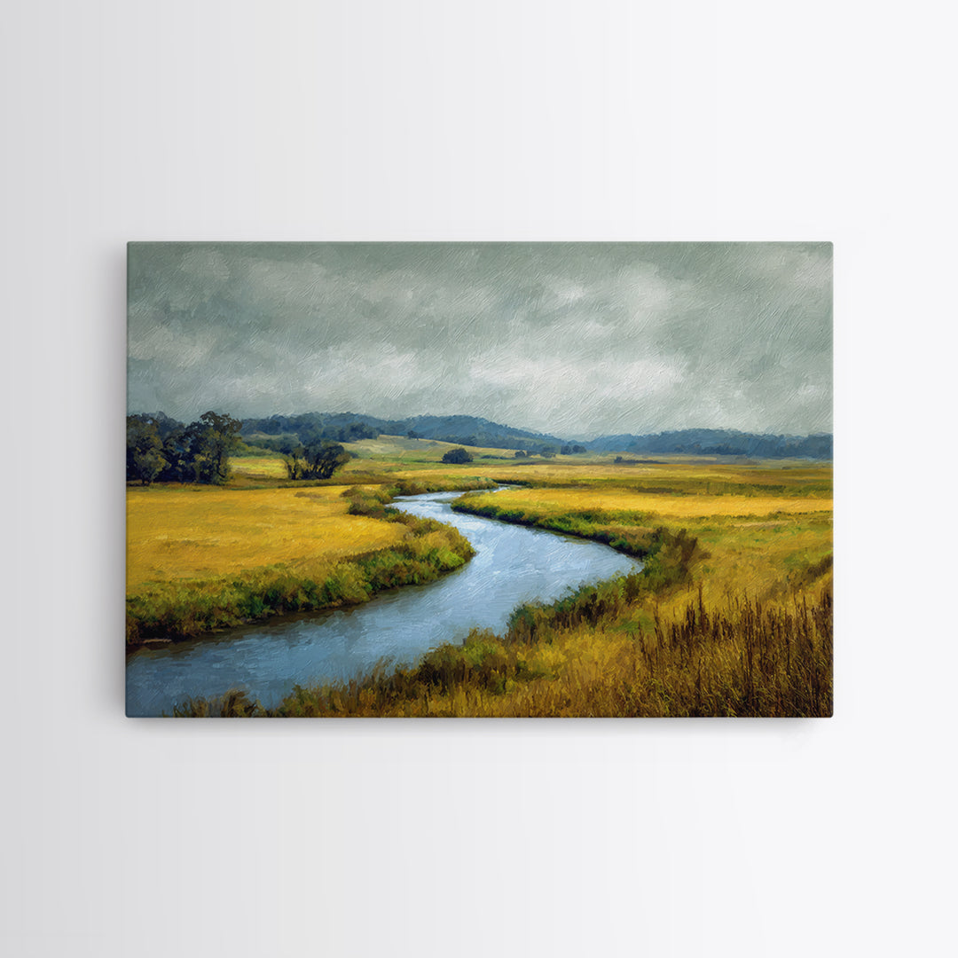 Winding River Through Golden Fields Framed Canvas Print, Landscape Art, Farmhouse Decor, Living Room Decor, Fine Art, Horizon, LAN-3x2-6