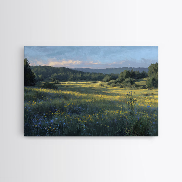 Sunlit Meadow with Wildflowers Framed Canvas Print, Landscape Art, Modern Art, Living Room Decor, Fine Art, Horizon, LAN-3x2-65