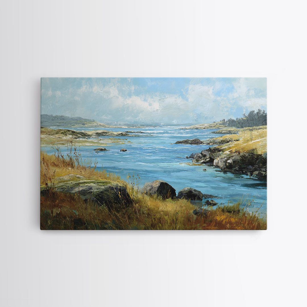 Fjord Landscape with Icy Blue Water Canvas Print, Landscape Art, Original Painting, Living Room Decor, Fine Art, Horizon, LAN-3x2-67