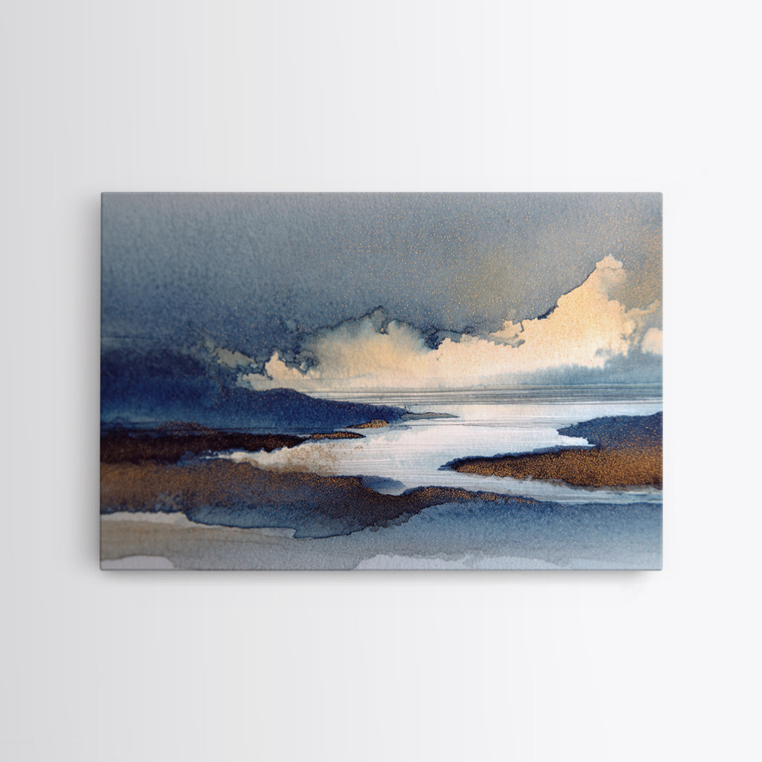 Moonlit River with Silver Reflections Canvas Print, Landscape Art, Neutral Decor, Living Room Decor, Oil Painting, Horizon, LAN-3x2-73