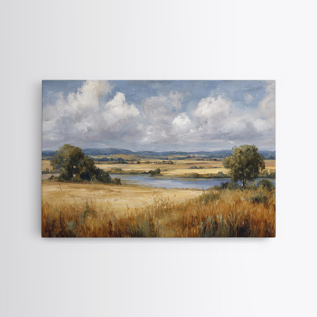 Golden Wheat Field Beneath Huge Clouds Canvas Print, Landscape Art, Luxury Decor, Living Room Decor, Fine Art, Horizon, LAN-3x2-76