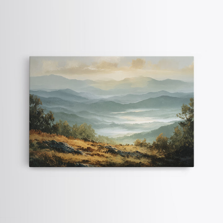 Misty Mountain Valley at Sunrise Framed Canvas Print, Landscape Art, Room Decor, Living Room Decor, Fine Art, Horizon, LAN-3x2-77