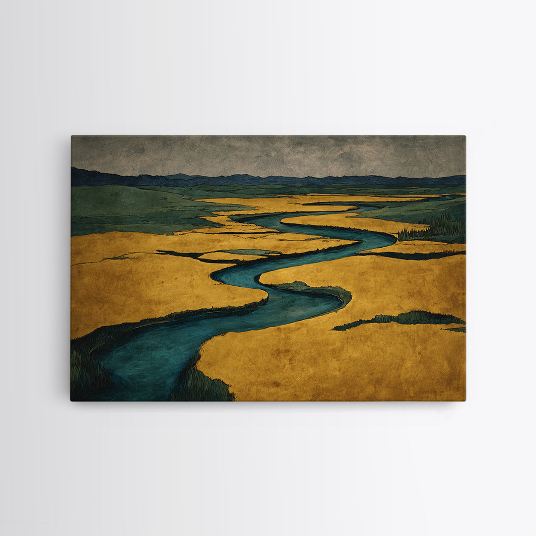 Winding River Through Golden Fields Framed Canvas Print, Landscape Art, Set of 3 Prints, Living Room Decor, Fine Art, Horizon, LAN-3x2-78