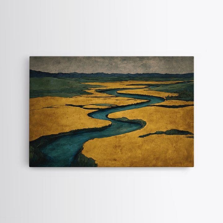 Winding River Through Golden Fields Framed Canvas Print, Landscape Art, Set of 3 Prints, Living Room Decor, Fine Art, Horizon, LAN-3x2-78