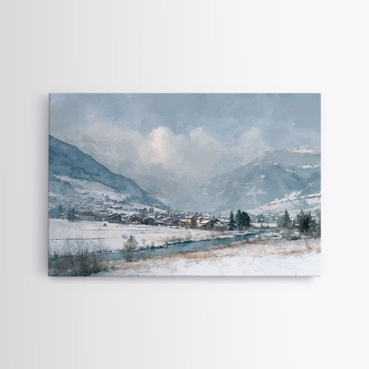 Snow Covered Alpine Village at Dusk Canvas Print, Landscape Art, Framed Wall Art, Living Room Decor, Oil Painting, Horizon, LAN-3x2-83