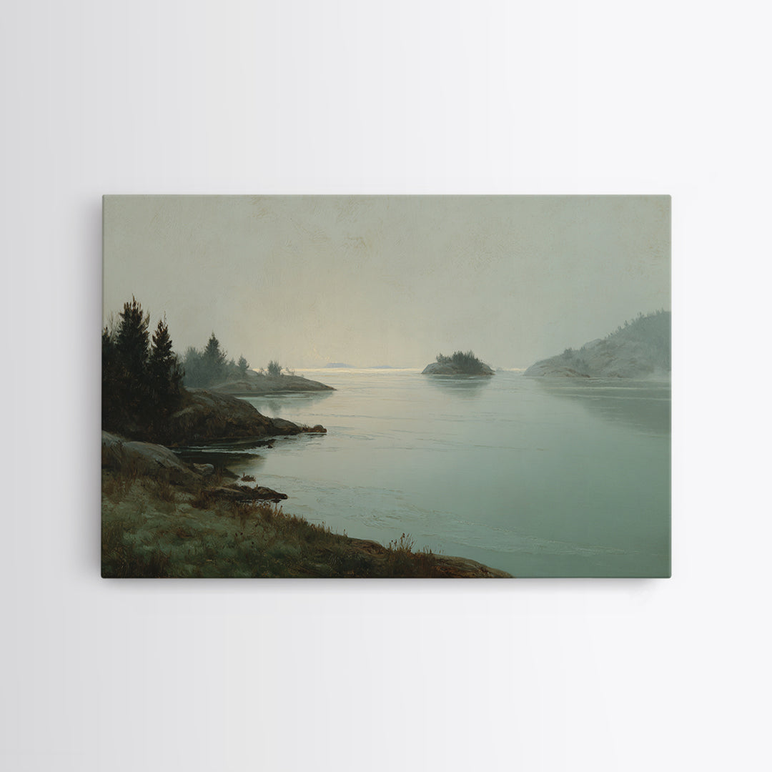 Fjord Landscape with Icy Blue Water Framed Canvas Print, Landscape Art, Digital Print, Living Room Decor, Fine Art, Horizon, LAN-3x2-91