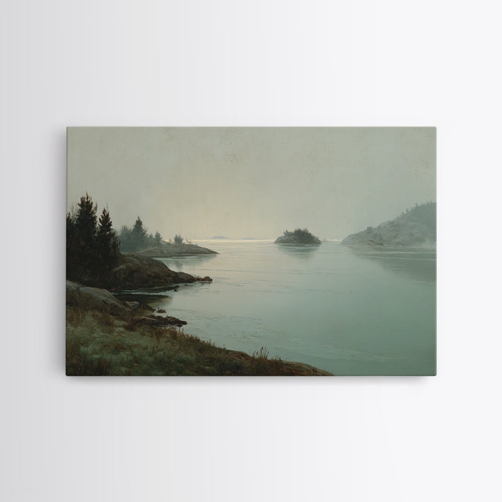 Fjord Landscape with Icy Blue Water Framed Canvas Print, Landscape Art, Digital Print, Living Room Decor, Fine Art, Horizon, LAN-3x2-91