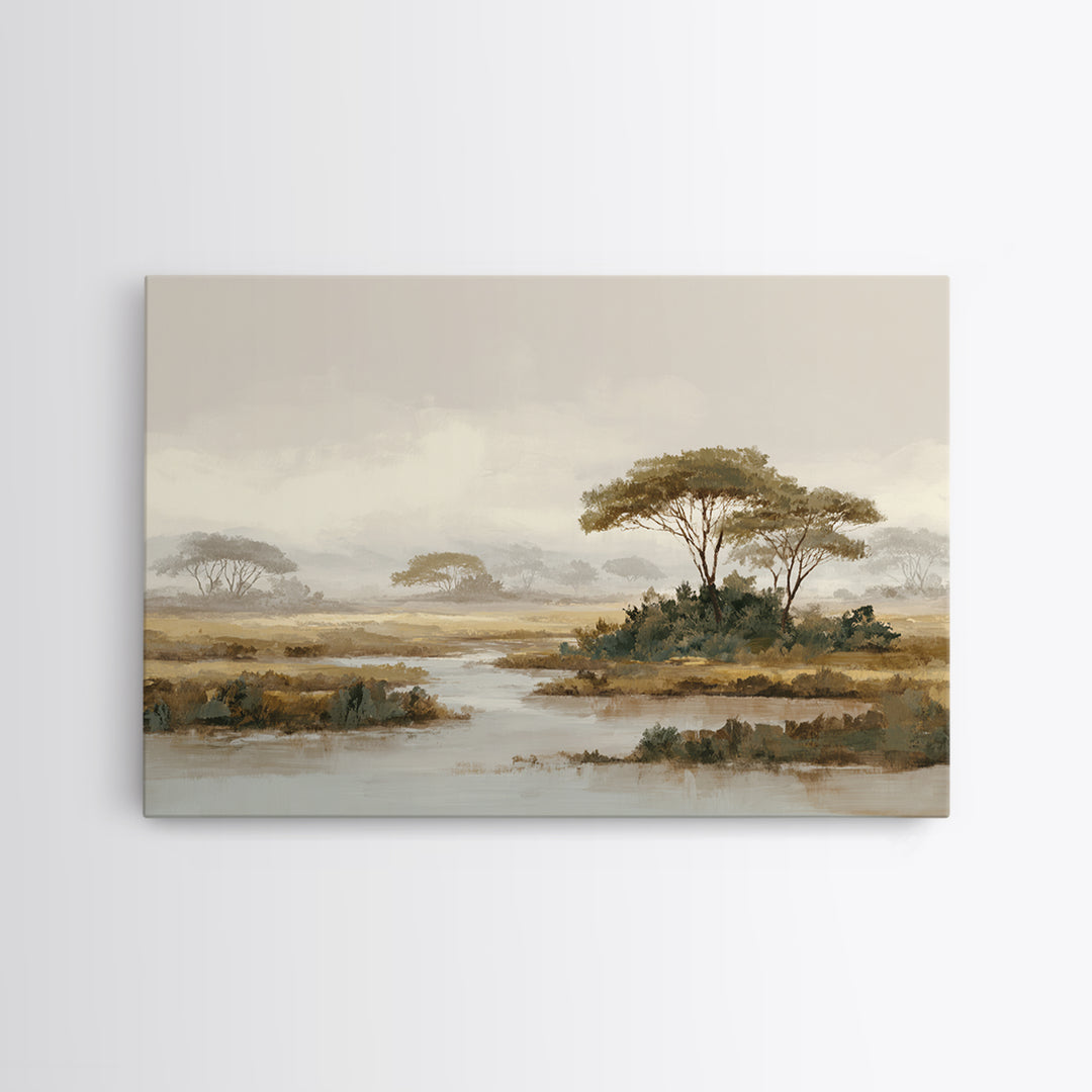 Wide Savanna with Acacia Silhouette Framed Canvas Print, Landscape Art, Digital Wall Art, Living Room Decor, Fine Art, Horizon, LAN-3x2-95