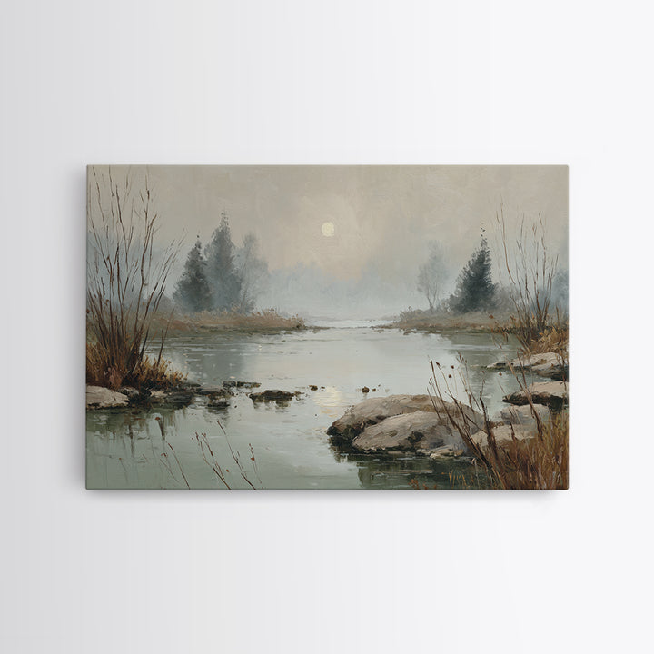 Moonlit River with Silver Reflections Framed Canvas Print, Landscape Art, Luxury Decor, Living Room Decor, Fine Art, Horizon, LAN-3x2-97