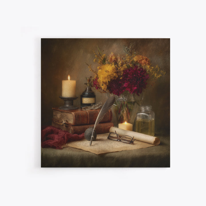 Fountain Pen and Parchment Framed Canvas Print, Library Art, Painting, Library Decor, Fine Art, Archive, Halloween Printable, LIB-1x1-12