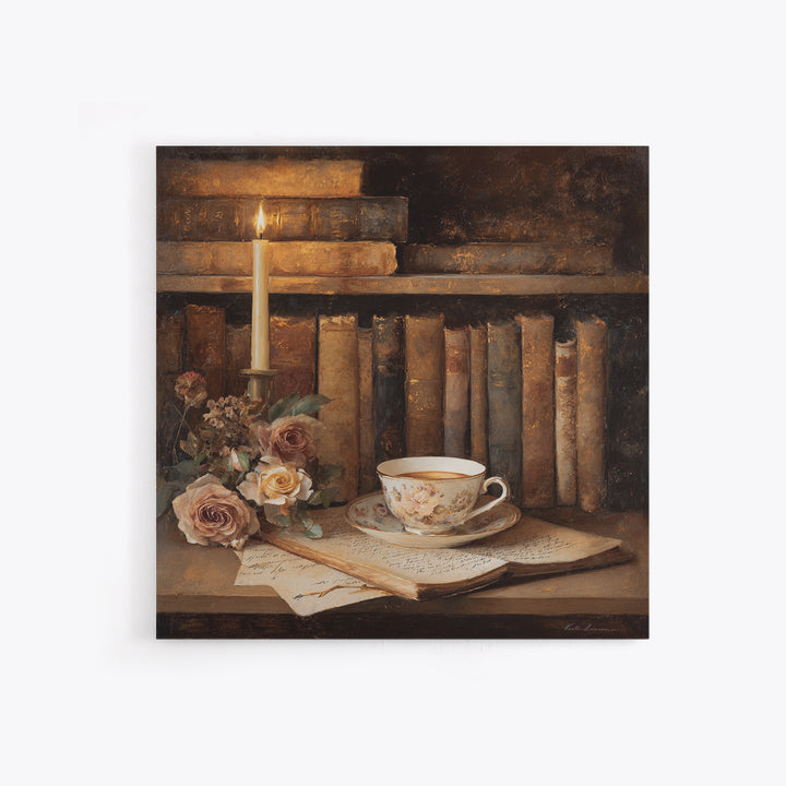 Teacup Beside a Novel and Roses Canvas Print, Library Art, Black Cat Art, Library Decor, Fine Art, Archive, Luxury Decor, LIB-1x1-14