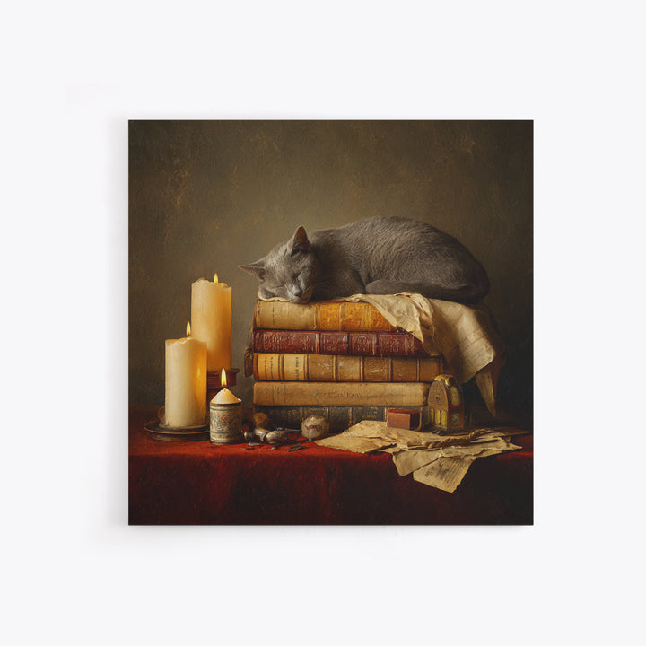 Cat Sleeping on a Book Stack Canvas Print, Library Art, Moody Wall Art, Library Decor, Fine Art, Archive, Gallery Decor, LIB-1x1-31