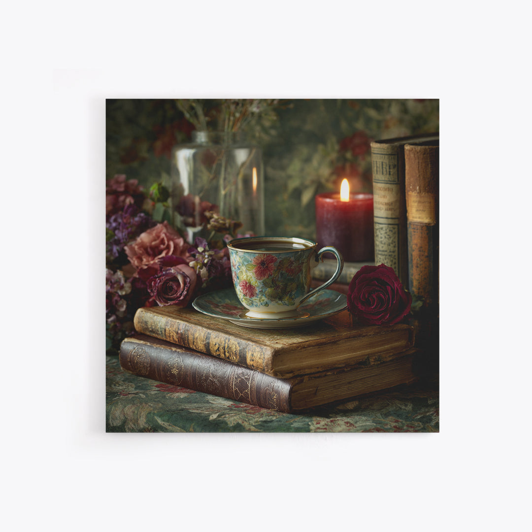 Teacup Beside a Novel and Roses Framed Canvas Print, Library Art, Gallery Decor, Library Decor, Fine Art, Archive, Wall Art, LIB-1x1-38