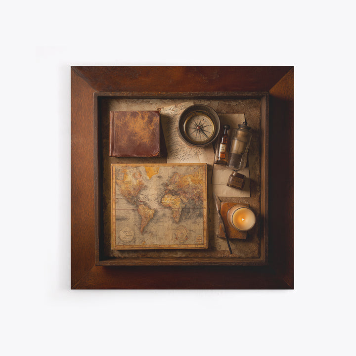 Map and Compass on Leather Bound Atlas Framed Canvas Print, Library Art, Room Decor, Library Decor, Fine Art, Archive, LIB-1x1-40