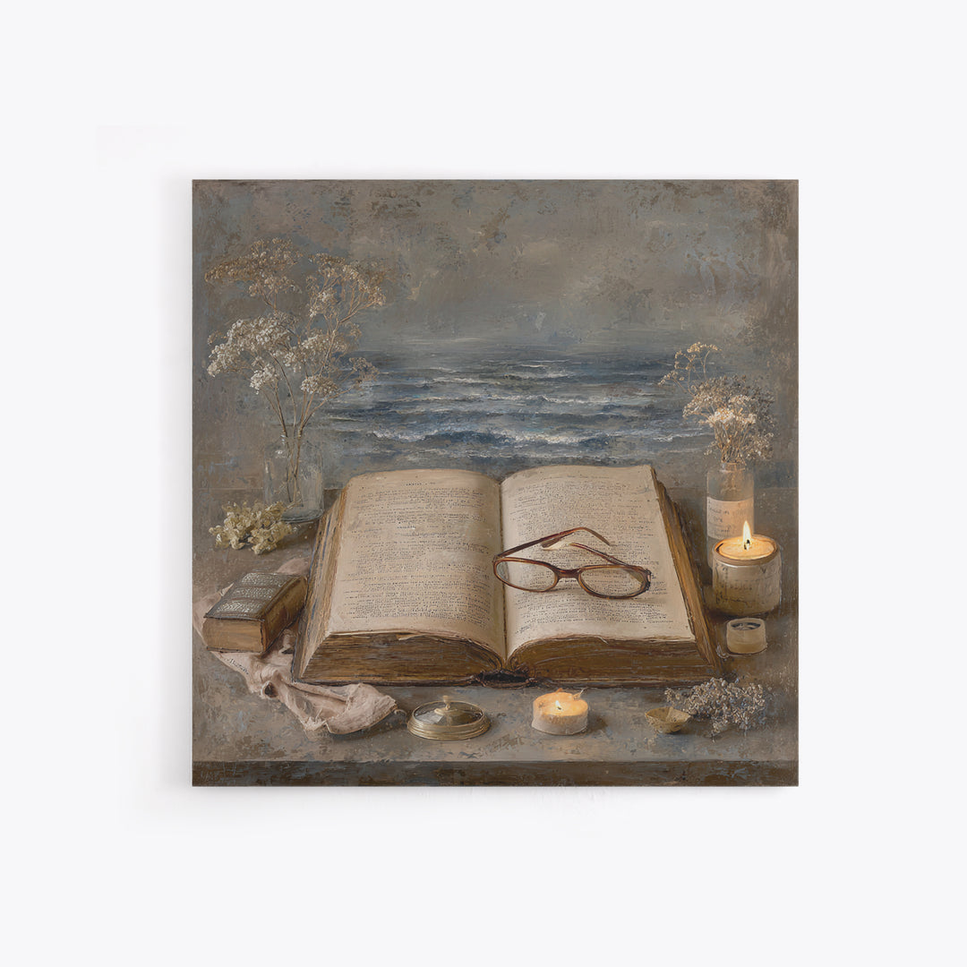 Stormy Sea Painting Inside an Open Book Framed Canvas Print, Library Art, Dark Academia Art, Library Decor, Abstract Art, LIB-1x1-42