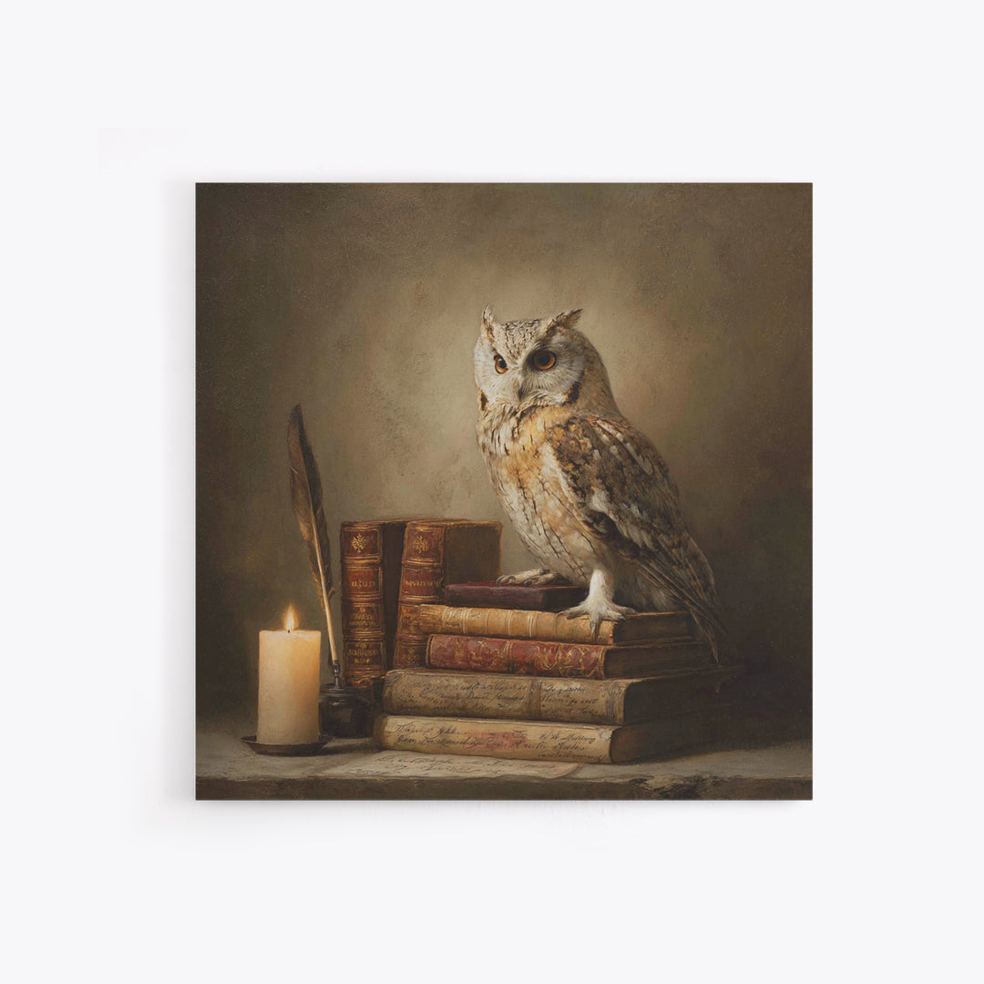 Owl Perched on a Pile of Antique Canvas Print, Library Art, Gothic Wall Decor, Library Decor, Fine Art, Archive, LIB-1x1-50