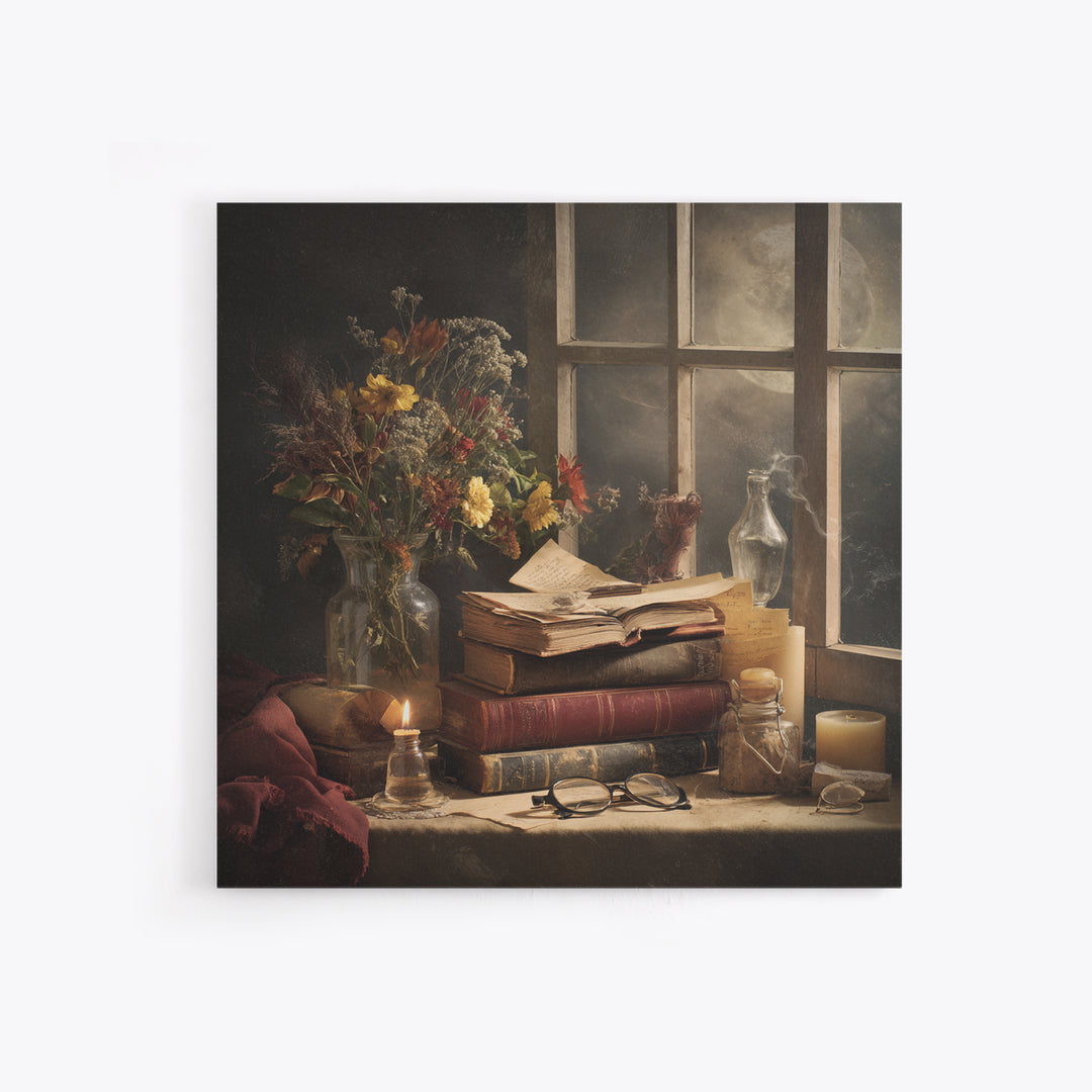 Moonlit Window with Floating Pages Framed Canvas Print, Library Art, Dark Academia Decor, Library Decor, Fine Art, Archive, LIB-1x1-56