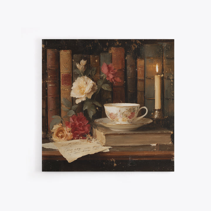 Teacup Beside a Novel and Roses Framed Canvas Print, Library Art, Gallery Decor, Library Decor, Fine Art, Archive, Wall Art, LIB-1x1-62