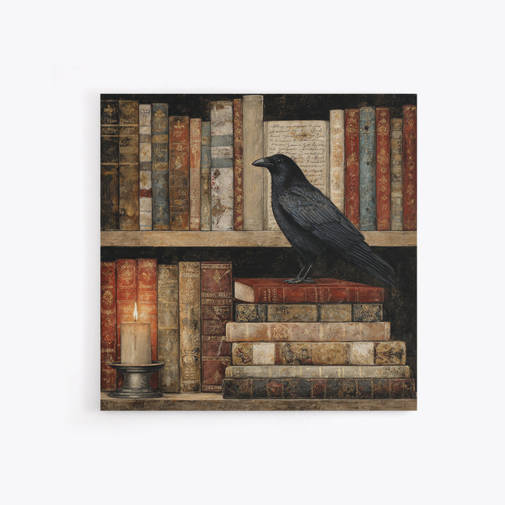 Black Raven Perched on Closed Book Framed Canvas Print, Library Art, Reading Nook Decor, Library Decor, Fine Art, Archive, LIB-1x1-70