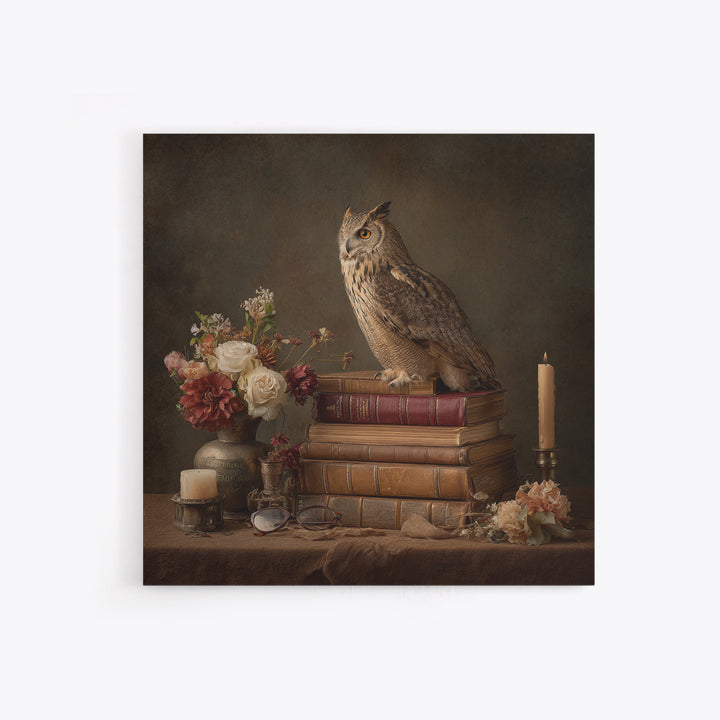 Owl Perched on a Pile of Antique Framed Canvas Print, Library Art, Fine Art Print, Library Decor, Fine Art, Archive, Painting, LIB-1x1-74