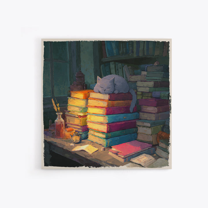 Cat Sleeping on a Book Stack Framed Canvas Print, Library Art, Boho Decor, Library Decor, Oil Painting, Archive, Digital Art, LIB-1x1-79