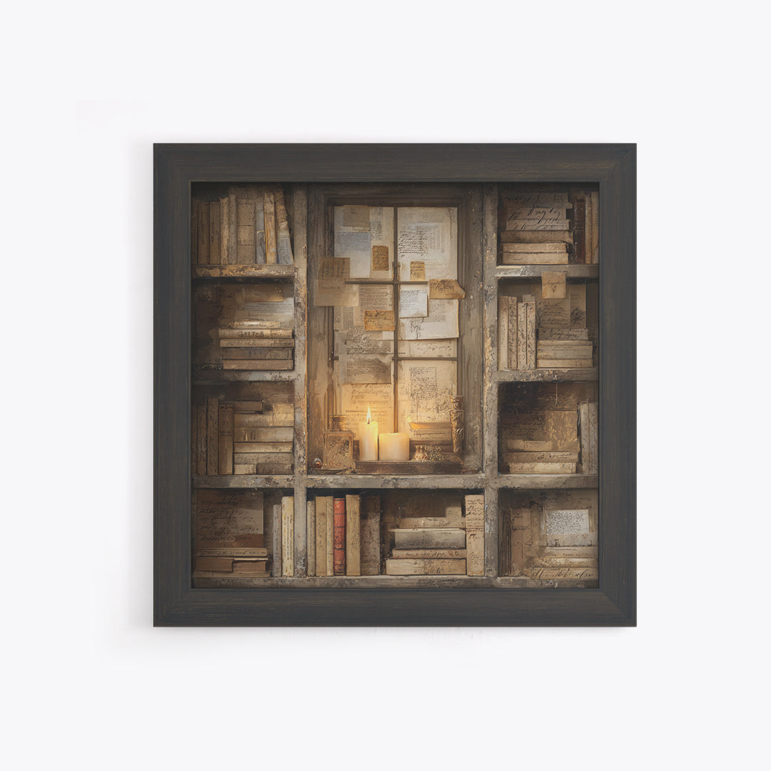 Moonlit Window with Floating Pages Framed Canvas Print, Library Art, Fine Art Print, Library Decor, Fine Art, Archive, LIB-1x1-80