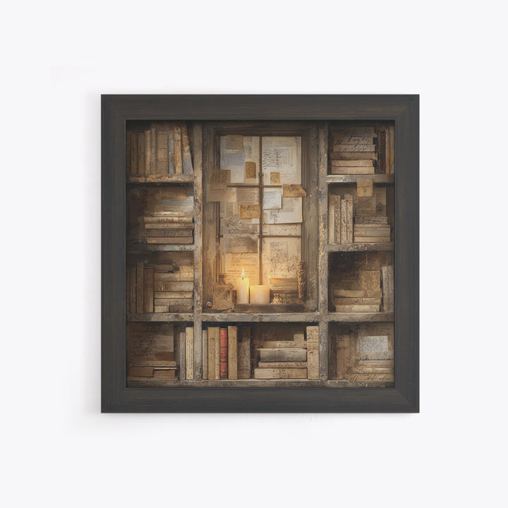 Moonlit Window with Floating Pages Framed Canvas Print, Library Art, Fine Art Print, Library Decor, Fine Art, Archive, LIB-1x1-80